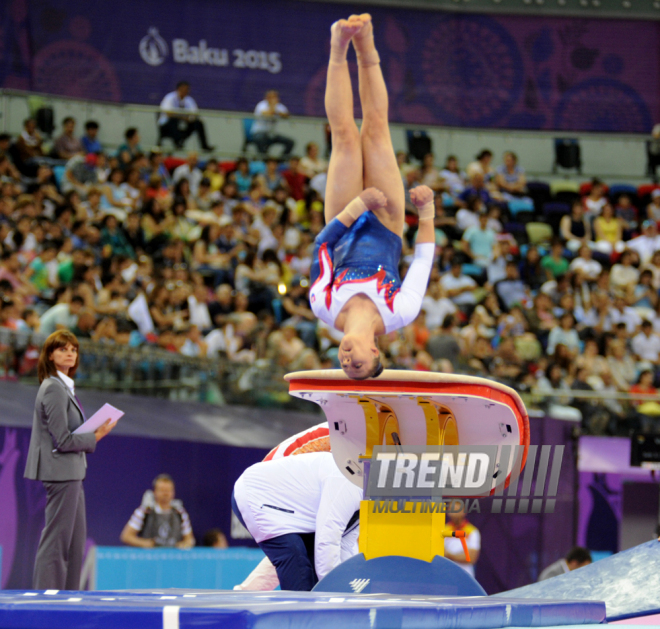 İdman gimnastikası üzrə fərdi çoxnövçülük yarışlarının finalı keçirilir. Bakı, Azərbaycan, 18 iyun 2015